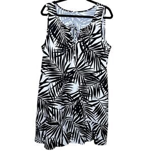 Lands' End Nylon Pocket Shift Dress Black White Palm Leaf Print Womens Size XL